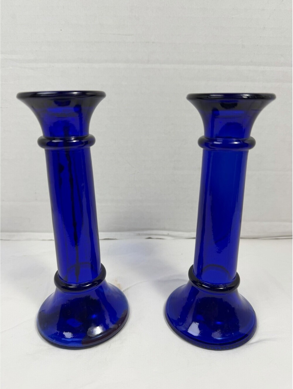 Vintage Imperial Glass Cobalt Blue Taper Candlestick Holders Mid Century Pair